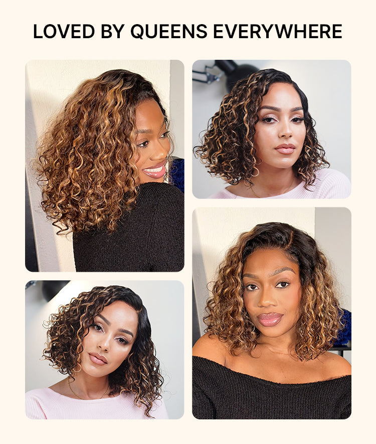 Tinhao Hair 13x4 Pre-Everything Lace Frontal Brown With Honey Blonde Face-Framing Highlights Wavy Bob Glueless Drawstring Wig Workout Friendly Secure Fit