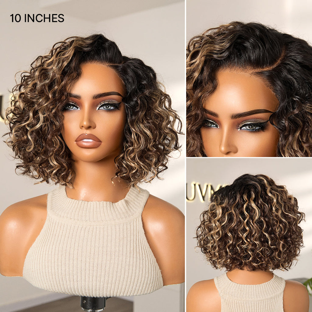 Tinhao Hair 13x4 Pre-Everything Lace Frontal Brown With Honey Blonde Face-Framing Highlights Wavy Bob Glueless Drawstring Wig Workout Friendly Secure Fit