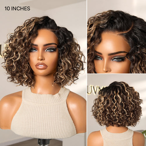 Tinhao Hair 13x4 Pre-Everything Lace Frontal Brown With Honey Blonde Face-Framing Highlights Wavy Bob Glueless Drawstring Wig Workout Friendly Secure Fit