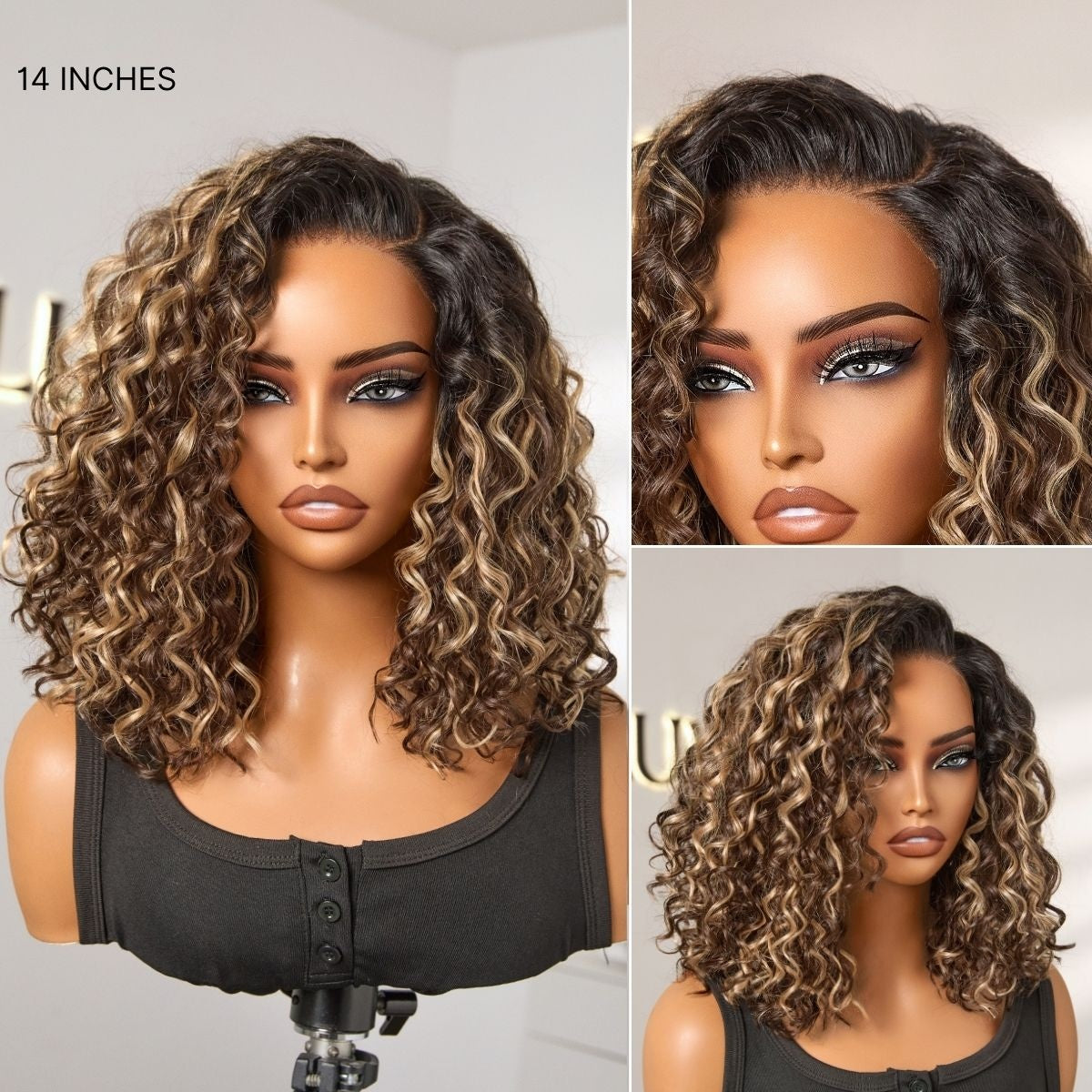 Tinhao Hair 13x4 Pre-Everything Lace Frontal Brown With Honey Blonde Face-Framing Highlights Wavy Bob Glueless Drawstring Wig Workout Friendly Secure Fit