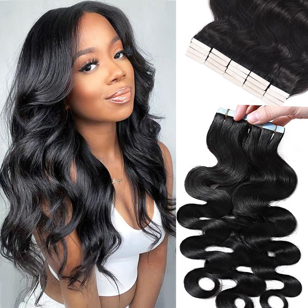 Tinhao Hair Body Wave Tape in Hair Extensions 16 Inch Natural Black Remy Human Hair Real Seamless Skin Weft Invisible PU Tape in Hair Extensions Curly Wave Double Sided Tape Hair for Women 20pcs 50g